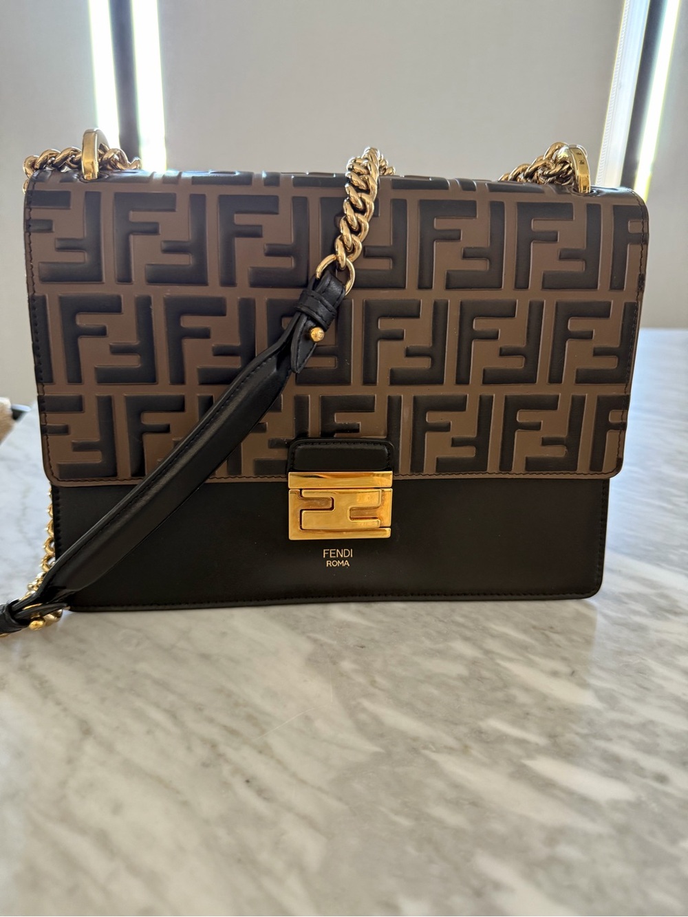 Fendi FF Embossed Kan U Shoulder/Crossbody Bag Brown/Black